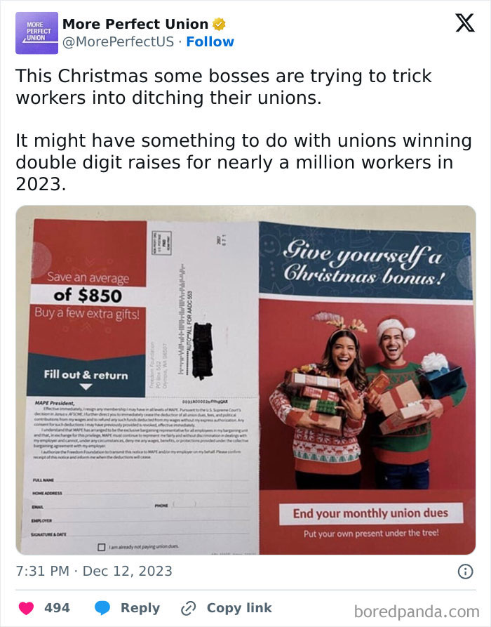 Two people in Christmas attire holding gifts, next to a flyer about saving money, related to company gifts bonuses.