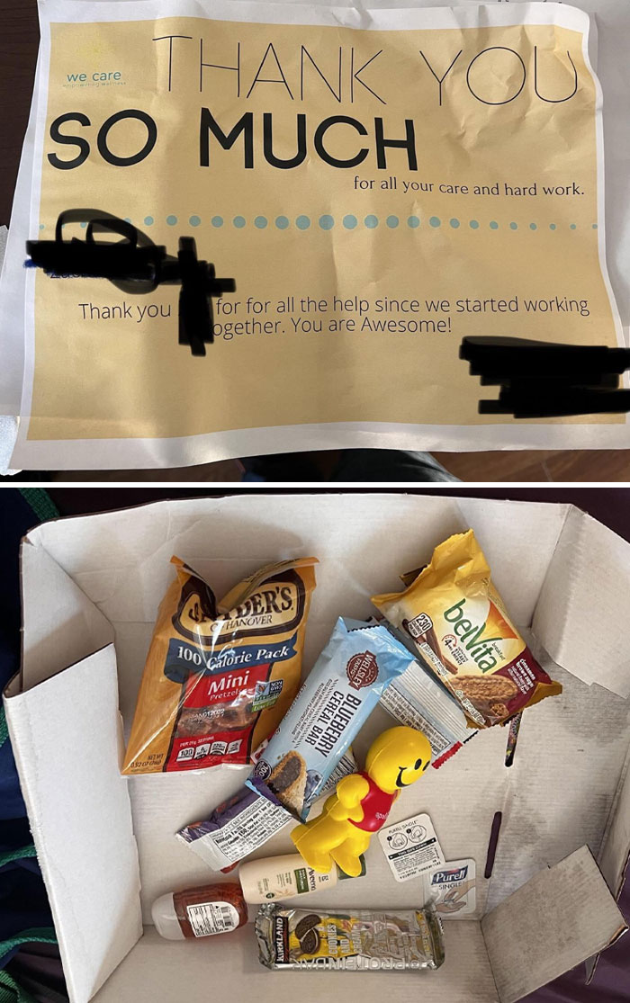 Various snacks and a thank you note, representing company gifts or bonuses.