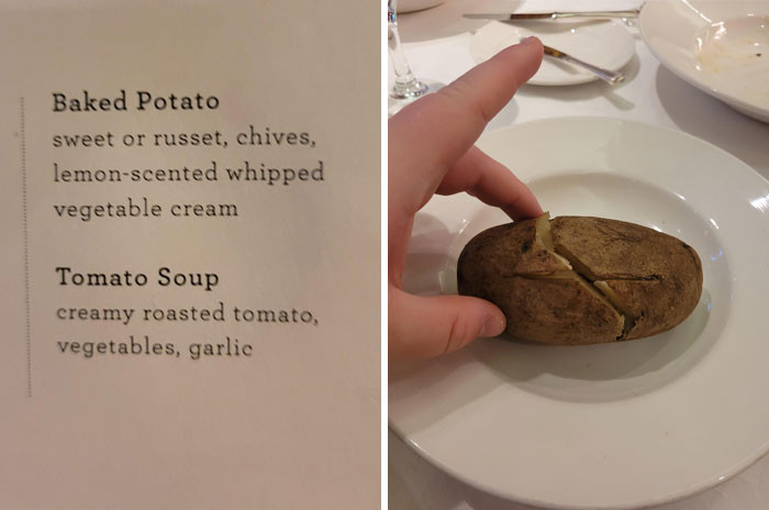 Menu vs. reality depicting a simple baked potato, highlighting food scams.