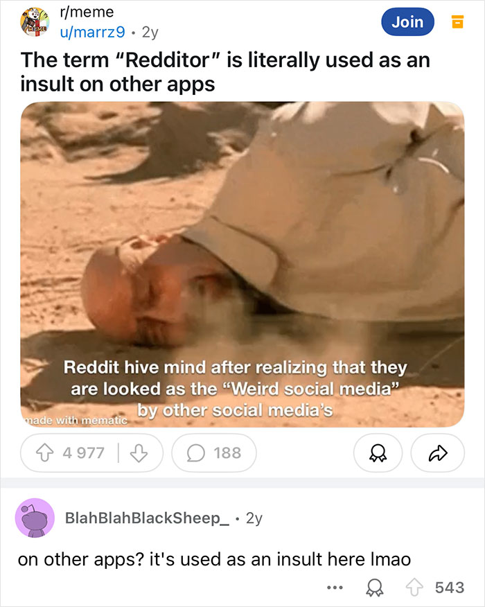 A meme about Reddit users, with comments poking fun at the term "Redditor" as an insult.