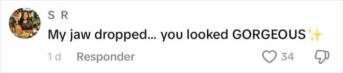 Comment praising dramatic wedding dress and veil, saying, "My jaw dropped... you looked GORGEOUS✨" with 34 likes. Comment praising dramatic wedding dress and veil, saying, "My jaw dropped... you looked GORGEOUS✨" with 34 likes.