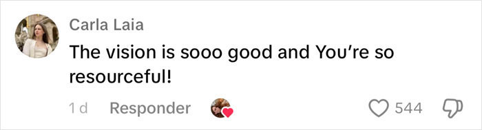 Comment praising the dramatic wedding dress vision and resourcefulness, with 544 likes, posted 1 day ago. Comment praising the dramatic wedding dress vision and resourcefulness, with 544 likes, posted 1 day ago.