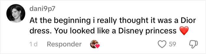 Comment praising dramatic wedding dress and veil, comparing it to Dior and a Disney princess. Comment praising dramatic wedding dress and veil, comparing it to Dior and a Disney princess.