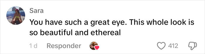 User comment praising a dramatic wedding dress and veil, calling it beautiful and ethereal, with 412 likes and a heart emoji. User comment praising a dramatic wedding dress and veil, calling it beautiful and ethereal, with 412 likes and a heart emoji.