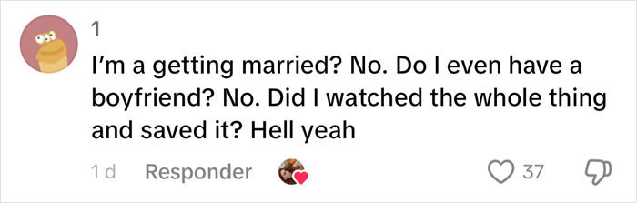 A humorous comment about saving a video of a dramatic wedding dress and veil, with heart reactions. A humorous comment about saving a video of a dramatic wedding dress and veil, with heart reactions.