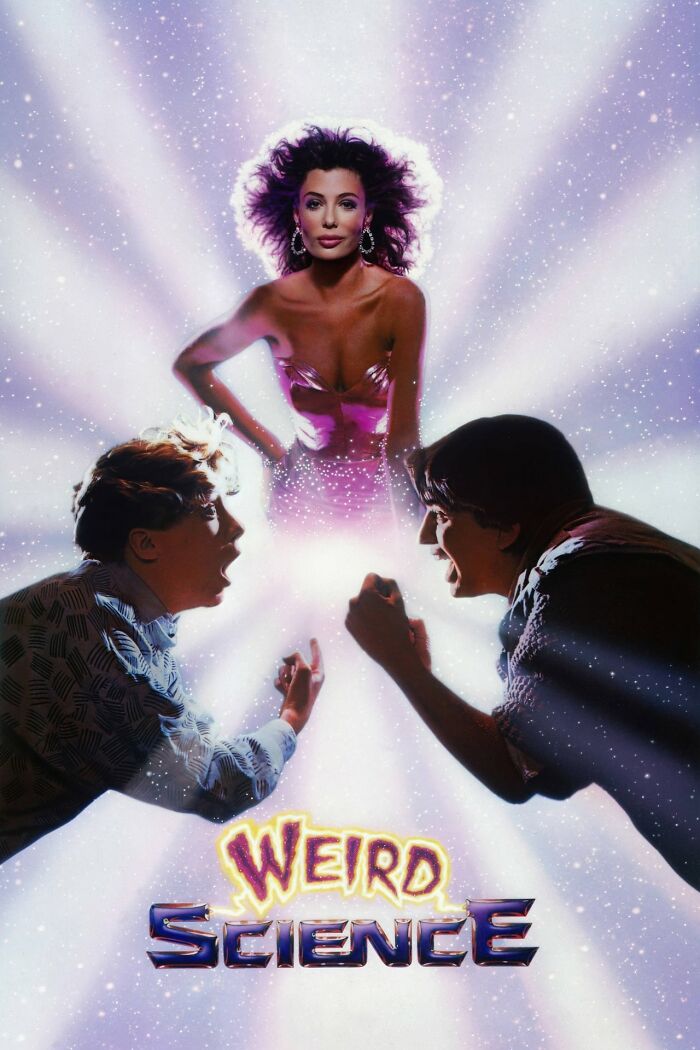 Cover art of "Weird Science," a classic 80s nostalgia movie featuring two boys and a mystical woman.