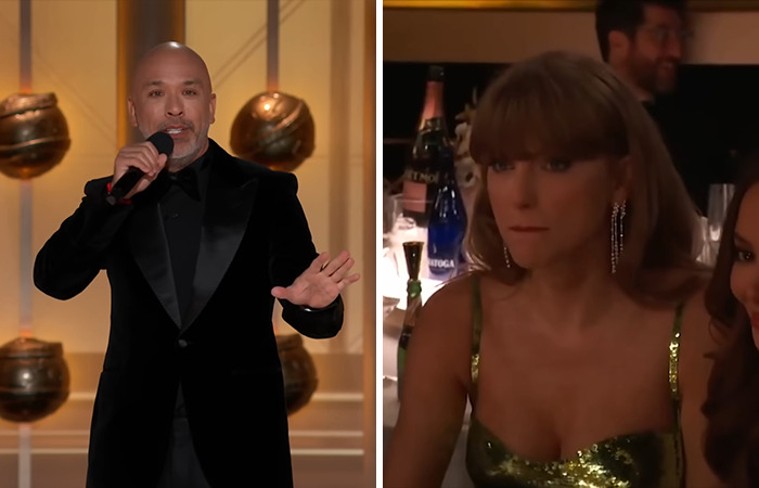 Jo Koy on stage in a black suit and Taylor Swift in a green dress at awards show, capturing awkward moments in 2024.