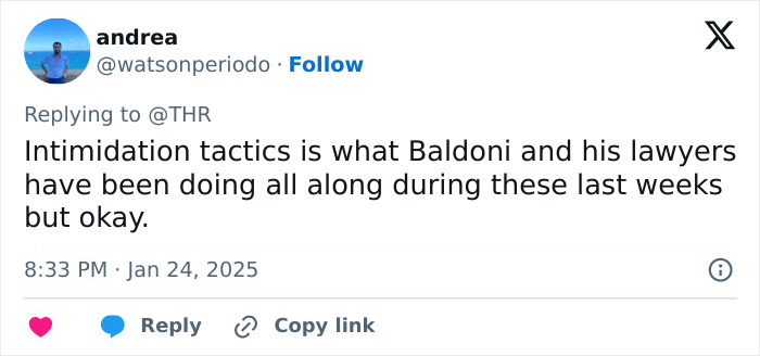 Tweet discussing Justin Baldoni's legal tactics involving his lawyers in recent weeks.