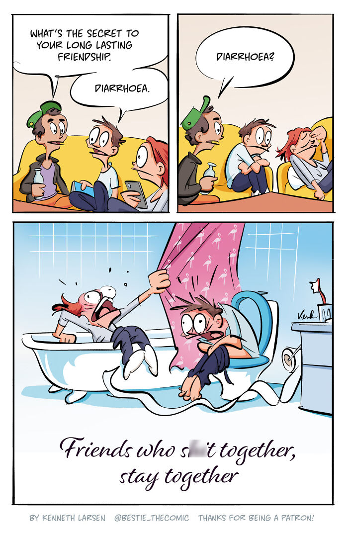 Comic of Kenneth Larsen fishing a mischievous elf, while Martha expresses frustration with the chaotic antics.