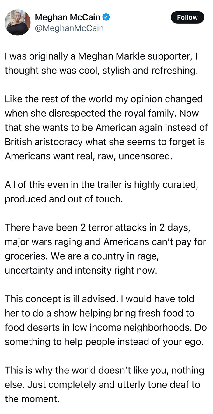 Tweet criticizing Meghan Markle&rsquo;s lifestyle series as tone deaf and out of touch.