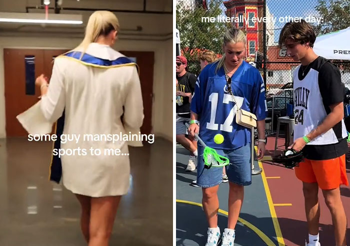Two people, one in a sports jersey, with captions about mansplaining.