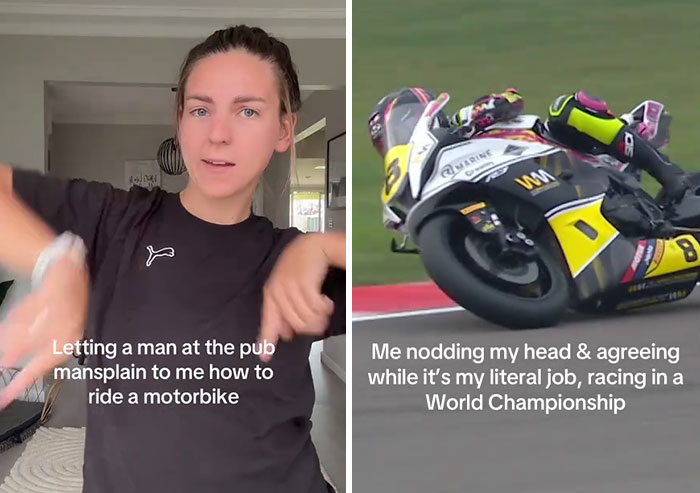 Woman listens to mansplaining about motorbikes; juxtaposed with her racing at a World Championship event.