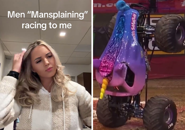 Woman looking unfazed, text reads "Men 'Mansplaining'" next to a colorful monster truck.