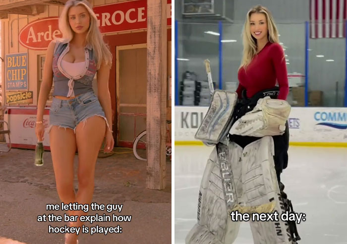 Side-by-side images of a woman: left in casual attire, right in hockey gear; part of TikTok's mansplain trend.
