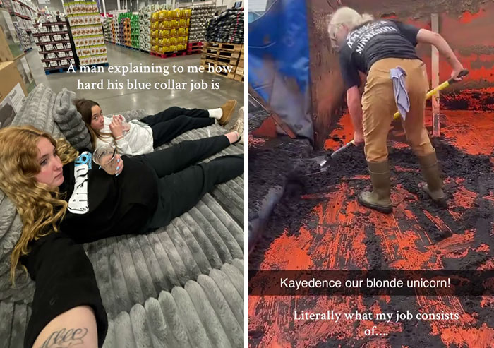 Two women relaxing, listening to a man explain his blue-collar job. Trend mansplain example from TikTok.