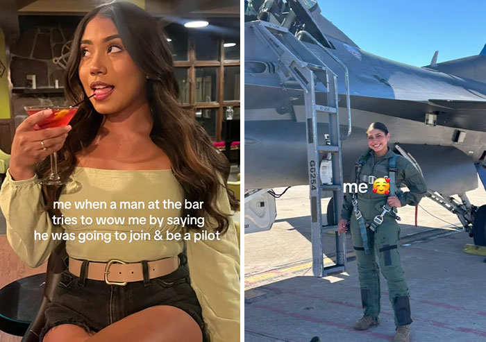 Woman at a bar with a drink; another in a pilot suit by a jet, reflecting "Me Letting A Man Mansplain" trend on TikTok.