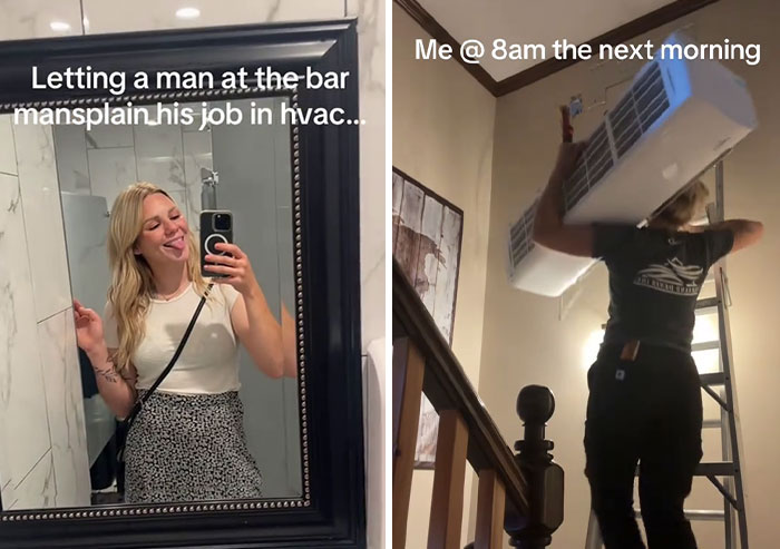Woman smiling in a mirror selfie; later, she installs an HVAC system, referencing the TikTok mansplain trend.