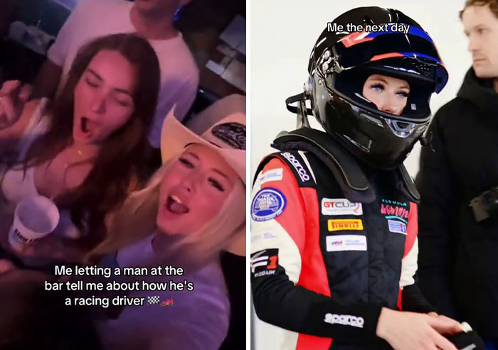 Two images: Left shows women at a bar listening, right shows a female race driver in gear, referencing the "mansplain" TikTok trend.
