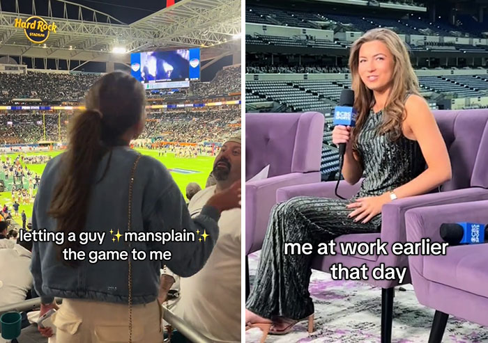 Woman listening to mansplaining at a sports event and reporting in a stadium, part of the TikTok trend.