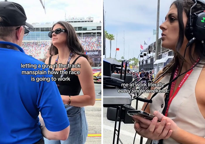Woman listens to man mansplain at a racetrack, embracing TikTok trend humor.