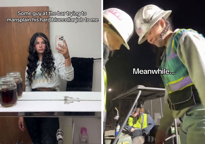 TikTok trend: woman in mirror photo, text about mansplaining; workmen in vests and helmets with text "Meanwhile" on right.