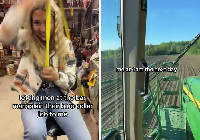 Woman measuring something in a workshop while listening to mansplaining; tractor view in a field the next day.