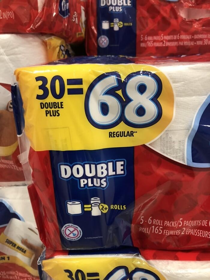 Misleading advertisement on toilet paper pack claiming 30 rolls equal 68 regular rolls.