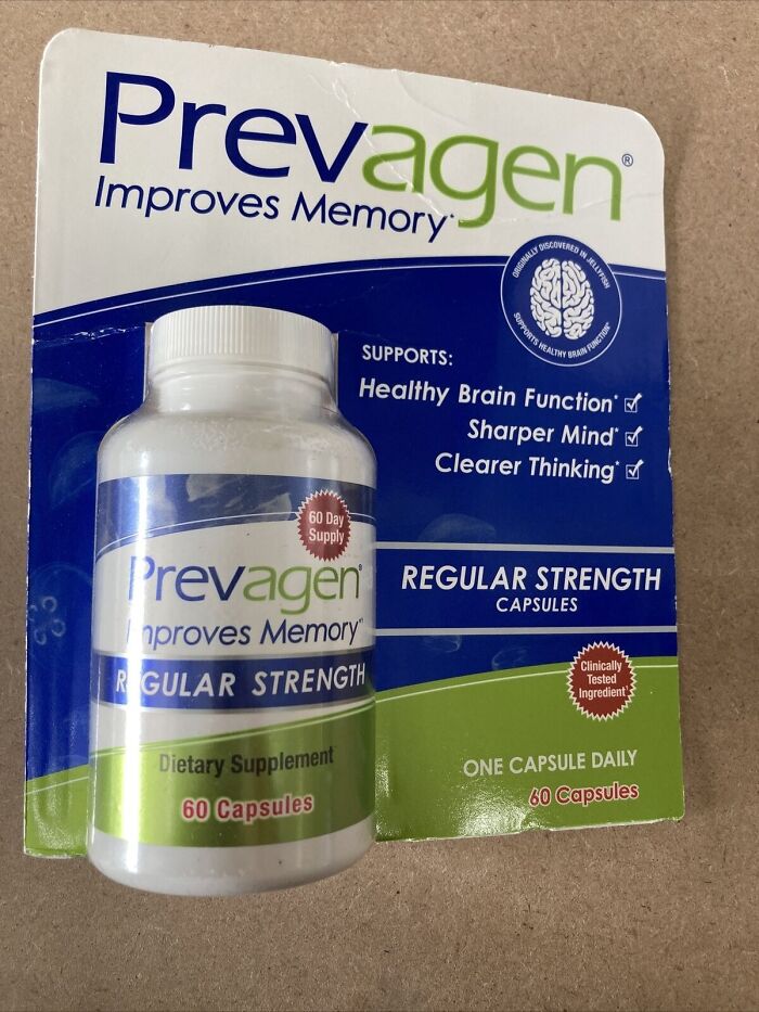 Prevagen supplement bottle, advertised to improve memory and support brain function, with claims of sharper mind and clearer thinking.