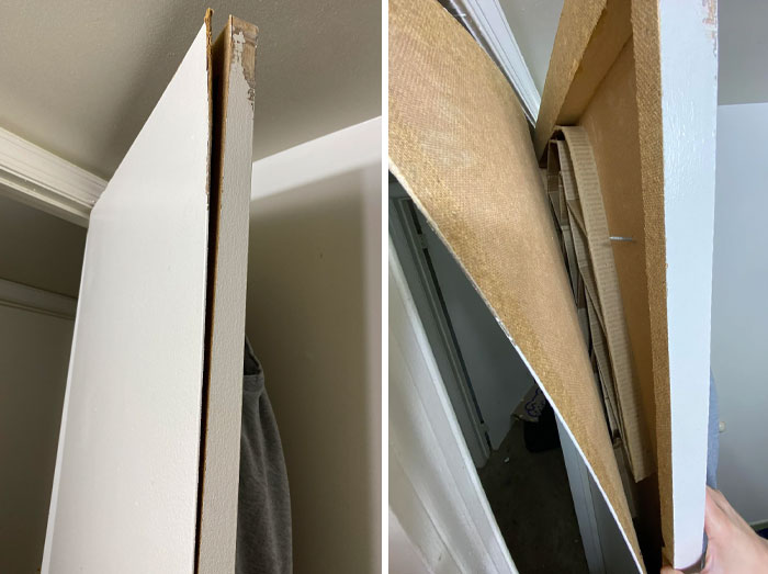 Low-quality item: a hollow door with poor construction materials shown from different angles.