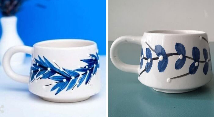 Low-quality items: two white mugs with poorly painted blue designs on a blue and white background.