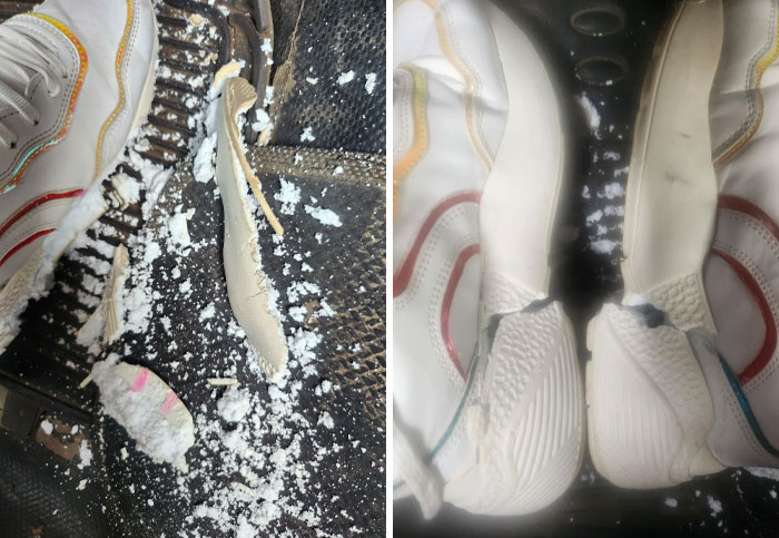 Low-quality items showing damaged sneakers with torn soles and foam scattered on a car floor.