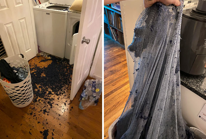 Laundry room mess from low-quality laundry bag; debris scattered on wood floor.