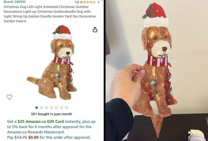 Low-quality item: a poorly designed Christmas dog decoration being held by a person, compared to its online listing.