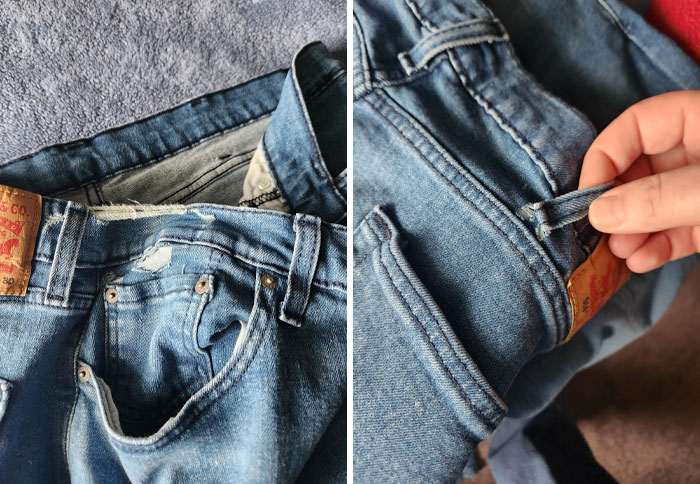 Low-quality items, ripped jeans with frayed edges and detached belt loop, highlighting poor craftsmanship.