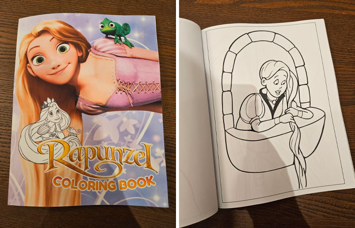 Rapunzel coloring book with low-quality illustrations, showing a character at a window.
