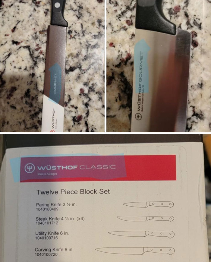 Low-quality items: mismatched Wüsthof knife set showing different labels and packaging.