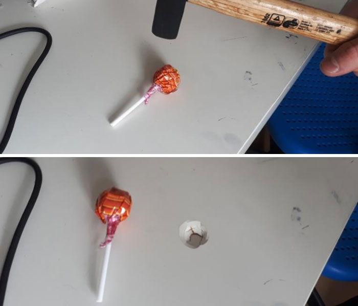 Low-quality item, a damaged desk from a lollipop mishap, highlighting poor construction.