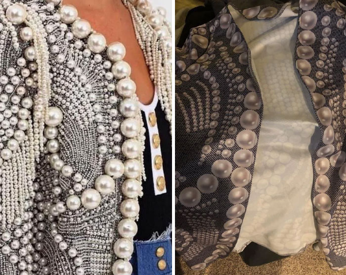 "Low-quality item comparison: real pearl jacket vs. printed version."