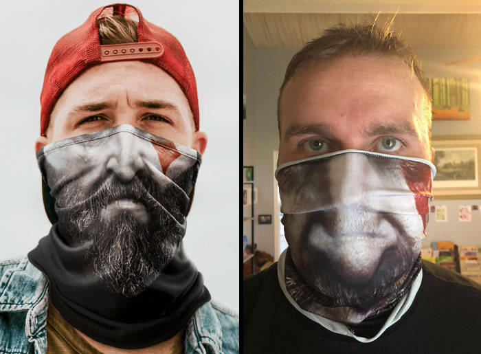 Two men wearing low-quality face masks with distorted images, highlighting humorous design flaws.