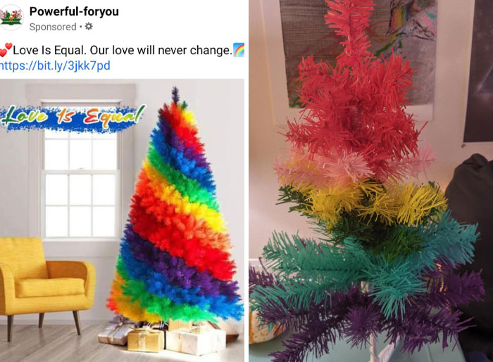 Low-quality rainbow tree from ad versus real item showing poor color and structure.