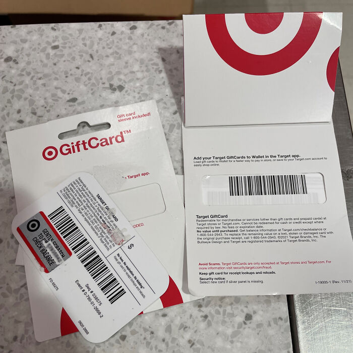 Empty Target gift card with packaging on a countertop.