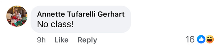 A social media comment saying, "No class!" with a laughing emoji reaction and 16 likes.