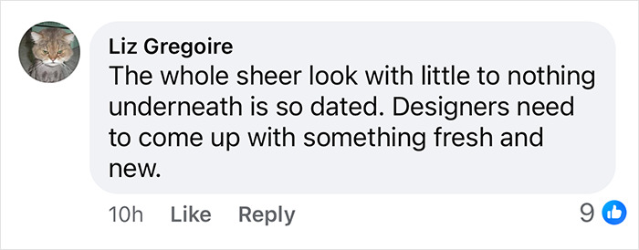 Social media comment criticizing sheer fashion trend as outdated and calling for fresh designs.