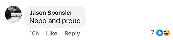 "Comment saying 'Nepo and proud' with 7 likes and laughing emoji reaction.