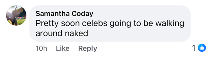 A social media comment reacting to a celebrity's bold fashion choice.