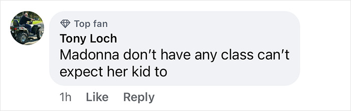 Comment discussing Madonna's daughter's style and class.