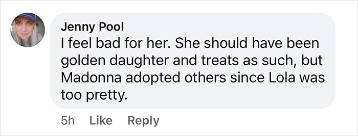 "Comment by Jenny Pool expressing sympathy for Madonna's daughter.