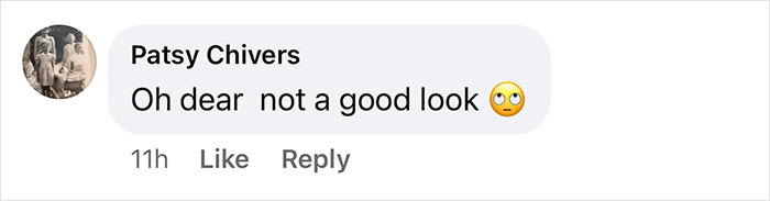 Screenshot of a comment saying, "Oh dear not a good look" with eye-roll emoji.