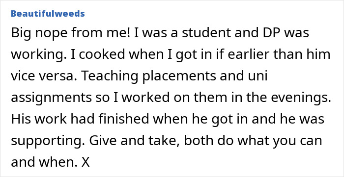Text conversation highlighting relationship dynamics and balance of responsibilities between partners.