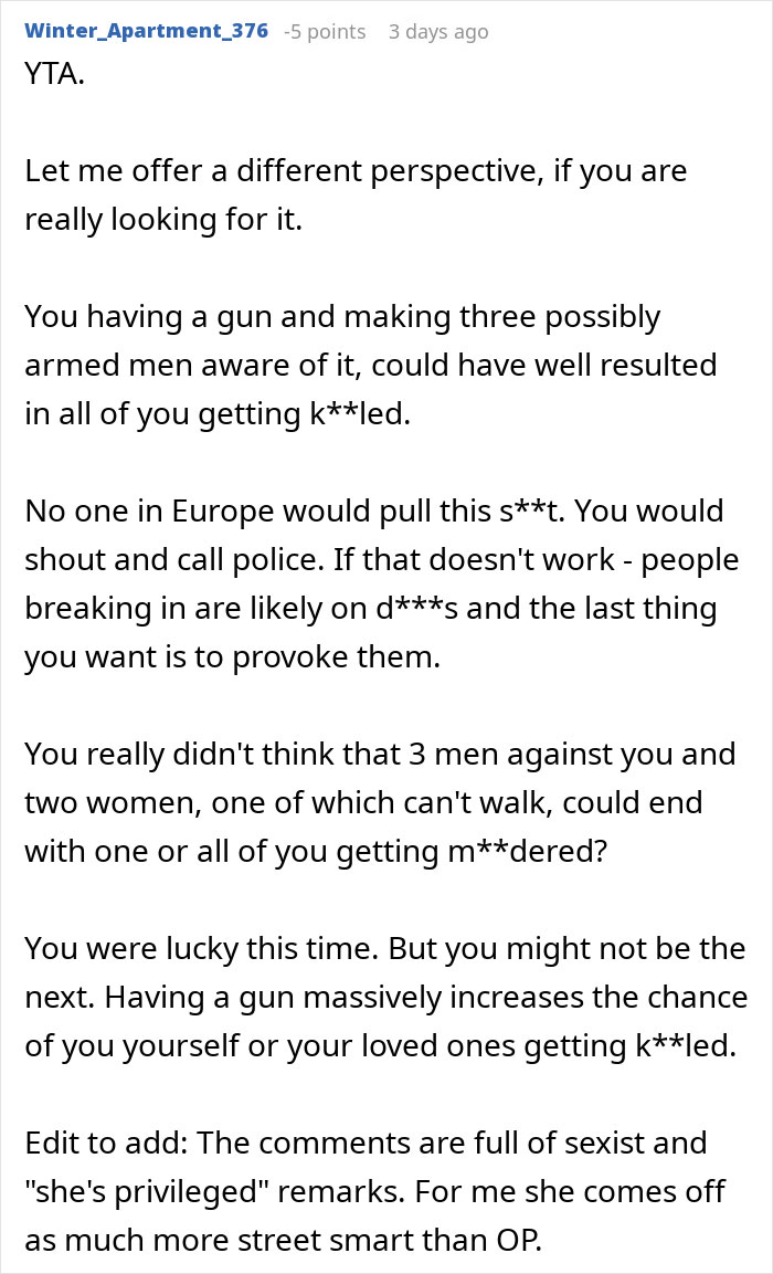 Reddit comment discussing the risks and consequences of defending against intruders with a gun.
